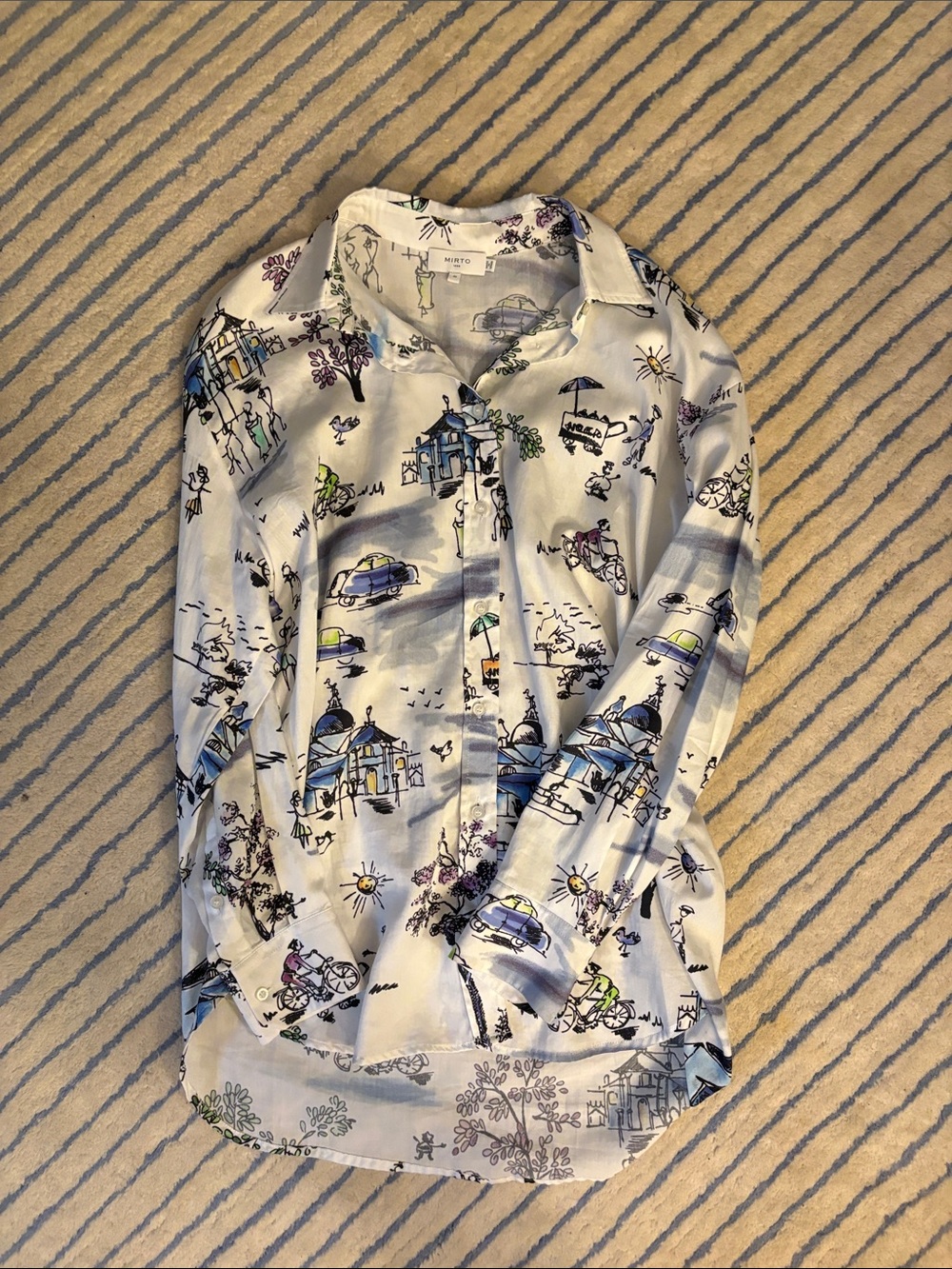 Missoni x Mirto White Button-Down Shirt with Blue and Yellow Illustrated Print